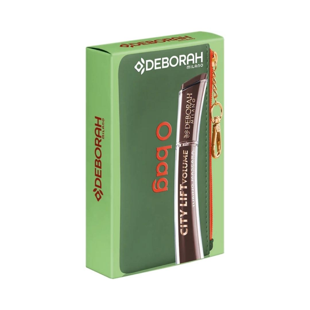 Cofanetto Deborah Milano astuccio O bag Verde / Arancio e mascara City Lift Volume Tubing Marrone 11 ml