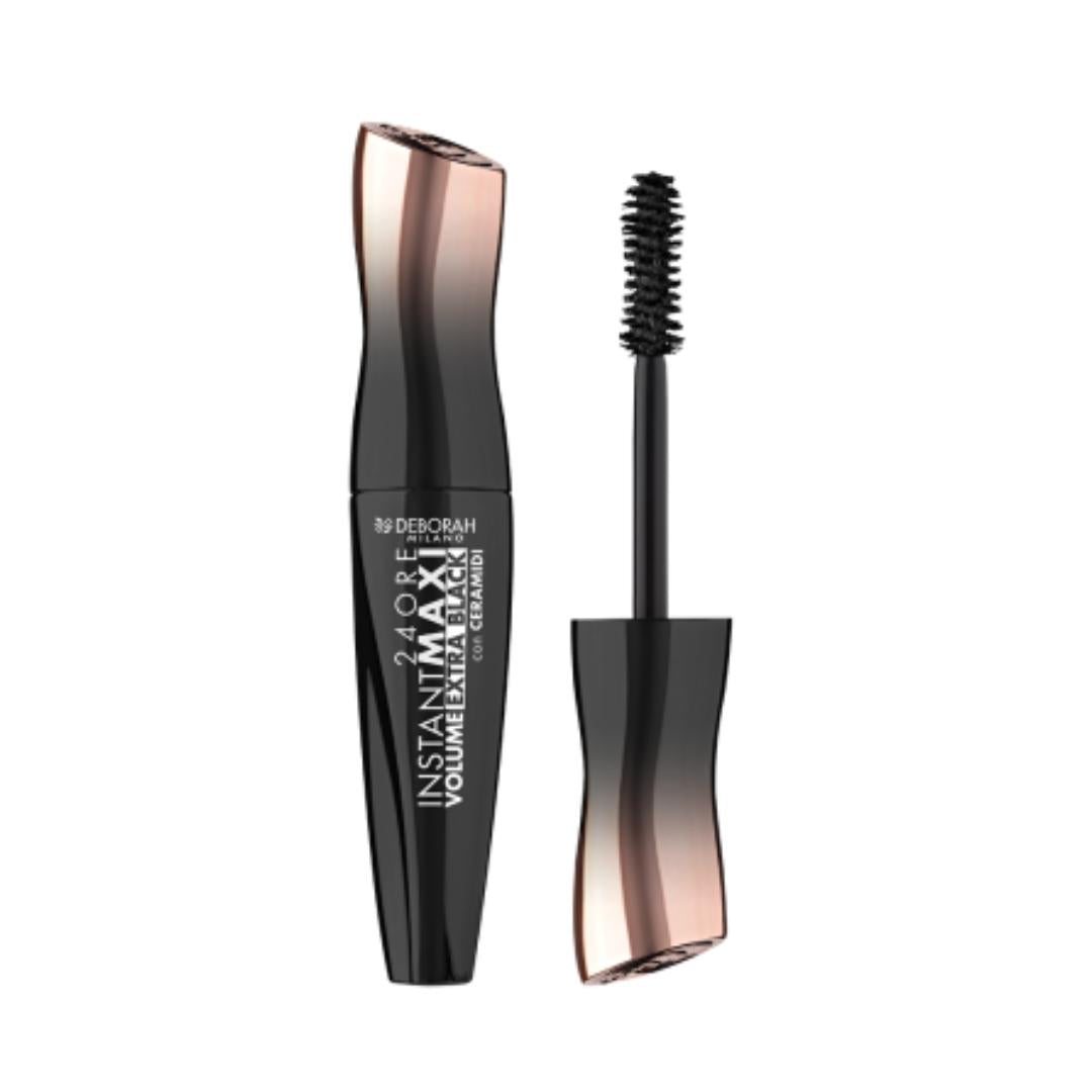 Dettaglio mascara 24ORE Instant Maxi Volume Extra Black con ceramidi incluso nel cofanetto con mini bag O bag Nero