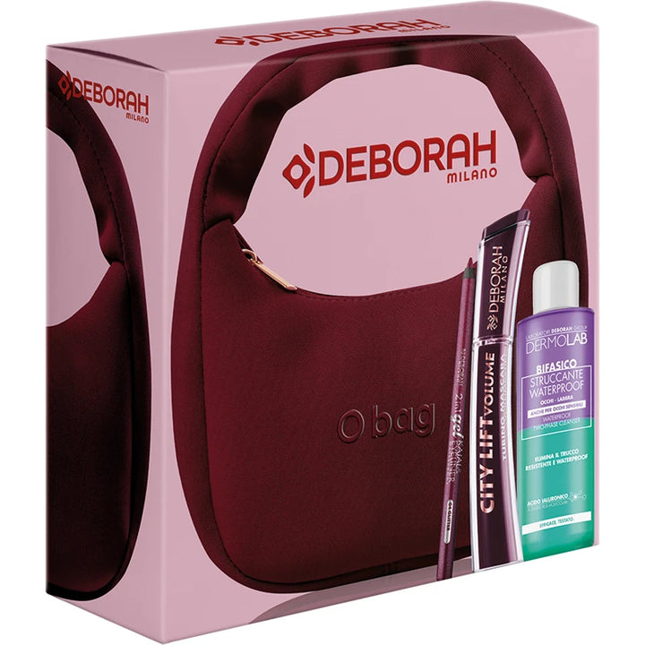 Deborah Milano cofanetto O bag Burgundy con mascara, matita occhi e struccante Dermolab