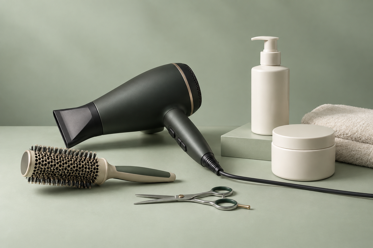 Strumenti da salone e prodotti per capelli su sfondo verde salvia