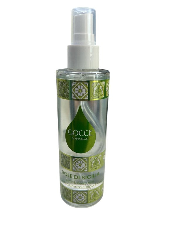 Gocce di Napoleon Sole di Sicilia – dettaglio spray da 200 ml incluso nel set con gel doccia e pochette