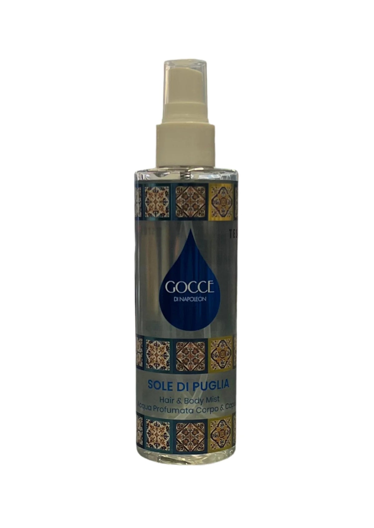 Gocce di Napoleon Sole di Puglia – dettaglio spray da 200 ml incluso nel set con gel doccia e pochette