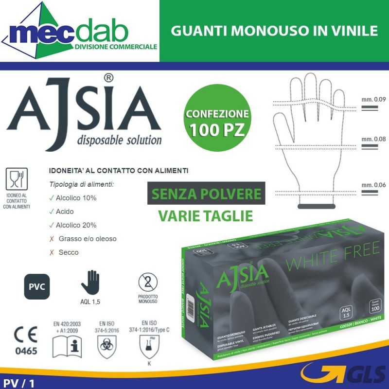 Ajsia White Free guanti vinile senza polvere 100 pz - XL